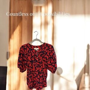 LOFT Red and Black Puff Sleeve Blouse